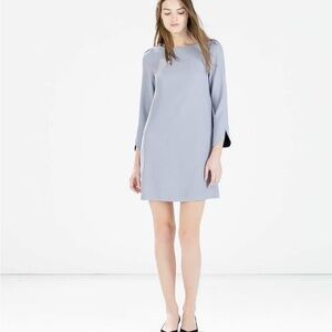Zara light blue grey tunic sheath long sleeve shirt mini midi dress S